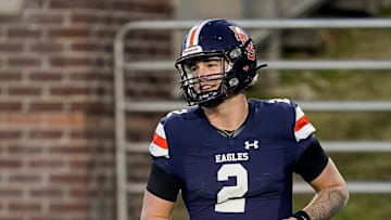 Nashville Christian's Jared Curtis (2) smiles after scoring a touchdown against Columbia Academy during the fourth quarter of the Division II-A championship game at Finley Stadium in Chattanooga, Tenn., Thursday, Dec. 5, 2024.