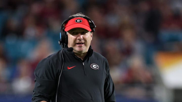 Dec 30, 2023; Miami Gardens, FL, USA; Georgia Bulldogs head coach Kirby Smart during the second half in the 2023 Orange Bowl at Hard Rock Stadium. Mandatory Credit: Nathan Ray Seebeck-USA TODAY Sports