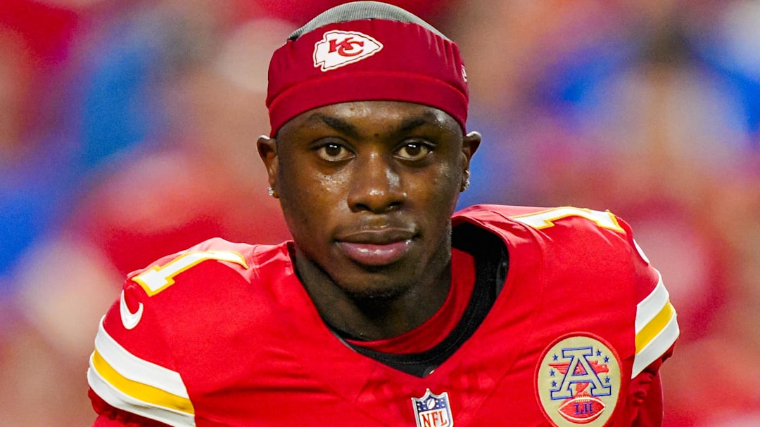 Oct 12, 2025; Kansas City, Missouri, USA; Kansas City Chiefs wide receiver Xavier Worthy (1) warms up prior to a game against the Detroit Lions at GEHA Field at Arrowhead Stadium. Mandatory Credit: Jay Biggerstaff-Imagn Images