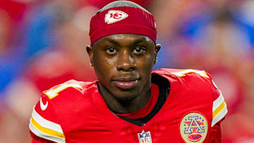 Oct 12, 2025; Kansas City, Missouri, USA; Kansas City Chiefs wide receiver Xavier Worthy (1) warms up prior to a game against the Detroit Lions at GEHA Field at Arrowhead Stadium. Mandatory Credit: Jay Biggerstaff-Imagn Images