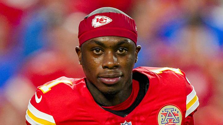 Oct 12, 2025; Kansas City, Missouri, USA; Kansas City Chiefs wide receiver Xavier Worthy (1) warms up prior to a game against the Detroit Lions at GEHA Field at Arrowhead Stadium. Mandatory Credit: Jay Biggerstaff-Imagn Images