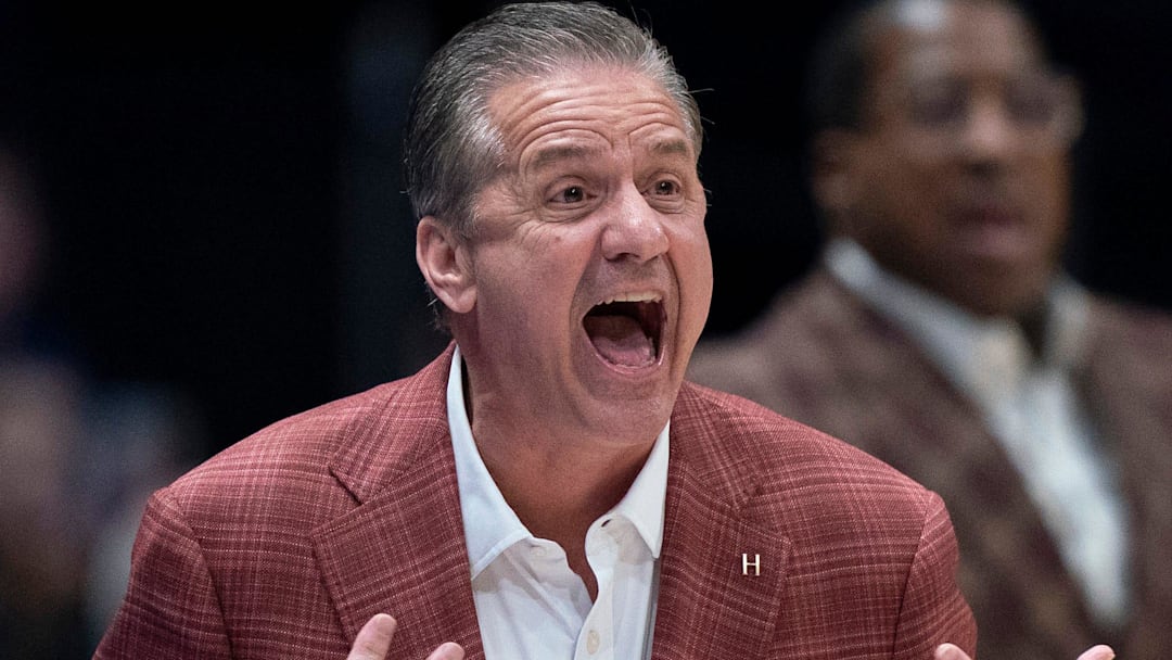 Arkansas coach John Calipari argues a call during their semifinal game of the 2026 SEC Men’s Basketball Tournament against Mississippi at Bridgestone Arena in Nashville, Tenn., Saturday, March 14, 2026.