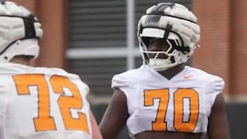 Tennessee offensive lineman David Sanders JR. (70) at the first University of Tennessee spring football practice, Friday, March 7, 2025.