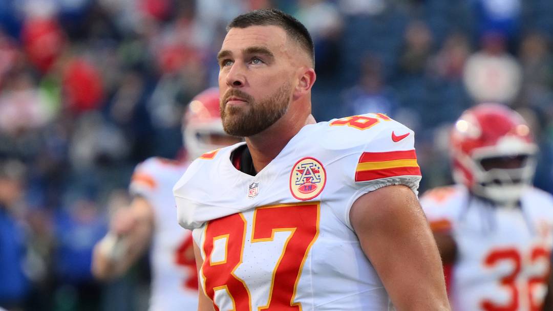 Kansas City Chiefs tight end Travis Kelce (87) looks on during warmups before the game against the Seattle Seahawks at Lumen Field.