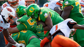 Oregon running back Jordon Davison scores a touchdown as the Oregon Ducks host the Oklahoma State Cowboys on Sept. 6, 2025, at Autzen Stadium in Eugene, Oregon.