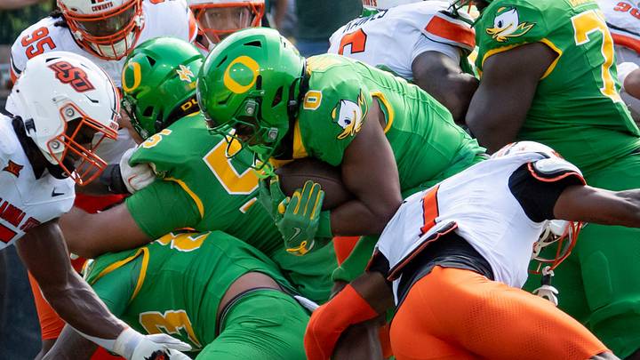 Oregon running back Jordon Davison scores a touchdown as the Oregon Ducks host the Oklahoma State Cowboys on Sept. 6, 2025, at Autzen Stadium in Eugene, Oregon.