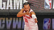 Dec 9, 2025; Toronto, Ontario, CAN;  New York Knicks guard Jalen Brunson (11) celebrates scoring against the Toronto Raptors during the first half at the 2025-26 NBA Emirates Cup at Scotiabank Arena. Mandatory Credit: Kevin Sousa-Imagn Images
