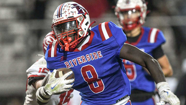 Riverside High senior Mikkel Skinner's 4th and 10 touchdown run with 17 seconds left and a two-point lead against Greenville High put the game out of reach, during the fourth quarter of South Carolina High School 5A playoffs in Greer, S.C. Friday, November 15, 2024.