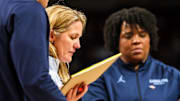 Mar 22, 2024; Columbia, SC, USA; North Carolina Tar Heels head coach Courtney Banghart draws up a play against the Michigan State Spartans in the first half at Colonial Life Arena. Mandatory Credit: Jeff Blake-Imagn Images