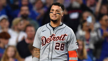 Aug 20, 2024; Chicago, Illinois, USA; Detroit Tigers shortstop Javier Baez (28) reacts to his standing ovation for his first game back at Wrigley Field during the second inning in a game against the Chicago Cubs.