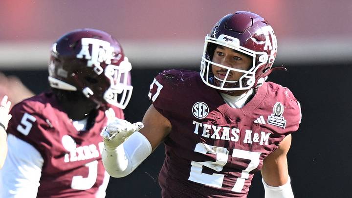 Dec 20, 2025; College Station, TX, USA; Texas A&M Aggies linebacker Daymion Sanford (27) reacts after recovering  a fumble against the Miami Hurricanes during the second half of the first round game of the CFP National Playoff at Kyle Field. Mandatory Credit: Maria Lysaker-Imagn Images