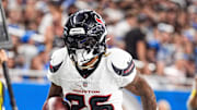 Houston Texans cornerback Jalen Mills (26) celebrates an interception against Detroit Lions during the second half at Ford Field in Detroit on Saturday, August 23, 2025.