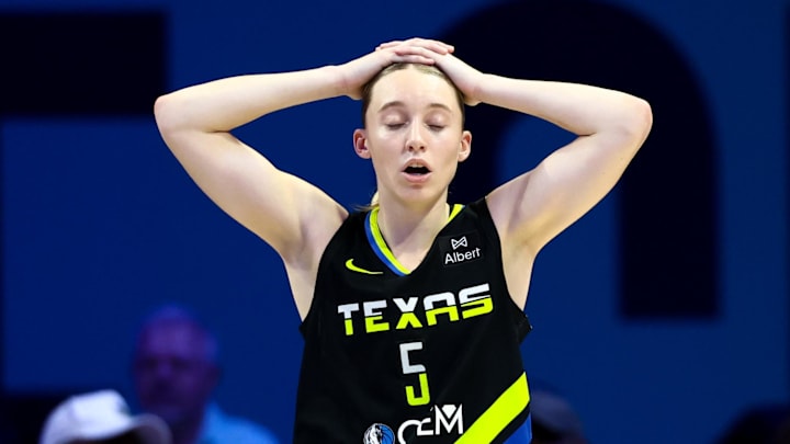 Aug 24, 2025; Arlington, Texas, USA; Dallas Wings guard Paige Bueckers (5) reacts during the second half against the Golden State Valkyries at College Park Center. Mandatory Credit: Kevin Jairaj-Imagn Images Aug 24, 2025; Arlington, Texas, USA; Dallas Wings guard Paige Bueckers (5) reacts during the second half against the Golden State Valkyries at College Park Center. Mandatory Credit: Kevin Jairaj-Imagn Images