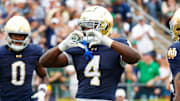 Notre Dame running back Jeremiyah Love celebrates after scoring a touchdown against Purdue