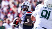 Nov 22, 2025; Tucson, Arizona, USA; Arizona Wildcats quarterback Noah Fifita (1) looks to pass the ball during the first quarter of the game against the Baylor Bears at Casino Del Sol Stadium. Mandatory Credit: Aryanna Frank-Imagn Images