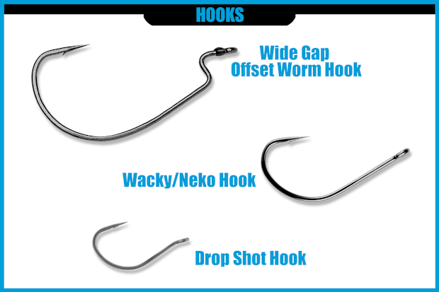 Three hook style crucial to bass fishing -wide gap offset worm hook, wacky/Neko hook, and drop shot hook.