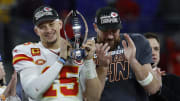 Jan 28, 2024; Baltimore, Maryland, USA; Kansas City Chiefs quarterback Patrick Mahomes (15) celebrates with the Lamar Hunt trophy next to Chiefs tight end Travis Kelce (R) after the Chiefs' game against the Baltimore Ravens in the AFC Championship football game at M&T Bank Stadium. Mandatory Credit: Geoff Burke-USA TODAY Sports