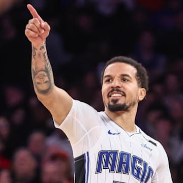 Jan 6, 2025; New York, New York, USA;  Orlando Magic guard Cole Anthony (50) celebrates after scoring in the fourth quarter against the New York Knicks at Madison Square Garden. Mandatory Credit: Wendell Cruz-Imagn Images