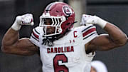 South Carolina Gamecocks tight end Joshua Simon (6) celebrates after scoring a touchdown against Vanderbilt Commodores during the first half at FirstBank Stadium in Nashville, Tenn., Saturday, Nov. 9, 2024.