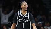 Oct 24, 2025; Brooklyn, New York, USA;  Brooklyn Nets forward Ziaire Williams (1) reacts to a no-call by the officials in the fourth quarter against the Cleveland Cavaliers at Barclays Center. Mandatory Credit: Wendell Cruz-Imagn Images