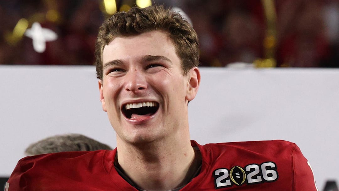 Jan 19, 2026; Miami Gardens, FL, USA; Indiana Hoosiers quarterback Fernando Mendoza (15) reacts after the College Football Playoff National Championship game against the Miami Hurricanes at Hard Rock Stadium. Mandatory Credit: Nathan Ray Seebeck-Imagn Images