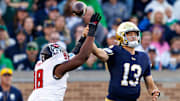 Notre Dame quarterback CJ Carr (13) throws a pass in the second half of a NCAA football game against NC State at Notre Dame Stadium on Saturday, Oct. 11, 2025, in South Bend.