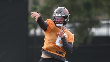 Jul 25, 2024; Tampa, FL, USA;  Tampa Bay Buccaneers quarterback Baker Mayfield (6) throws the ball during training camp at AdventHealth Training Center. Mandatory Credit: Kim Klement Neitzel-USA TODAY Sports
