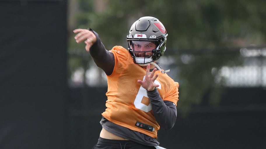 Jul 25, 2024; Tampa, FL, USA;  Tampa Bay Buccaneers quarterback Baker Mayfield (6) throws the ball during training camp at AdventHealth Training Center. Mandatory Credit: Kim Klement Neitzel-USA TODAY Sports | Kim Klement Neitzel-USA TODAY Sports