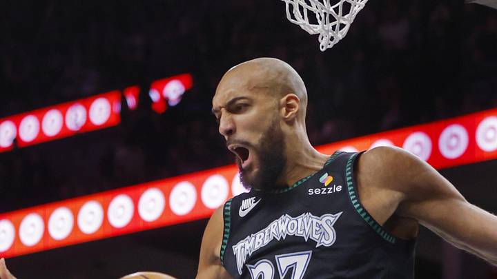 May 10, 2026; Minneapolis, Minnesota, USA; Minnesota Timberwolves center Rudy Gobert (27) dunks against the San Antonio Spurs in the fourth quarter of game four of the second round of the 2026 NBA Playoffs at Target Center. Mandatory Credit: Bruce Kluckhohn-Imagn Images