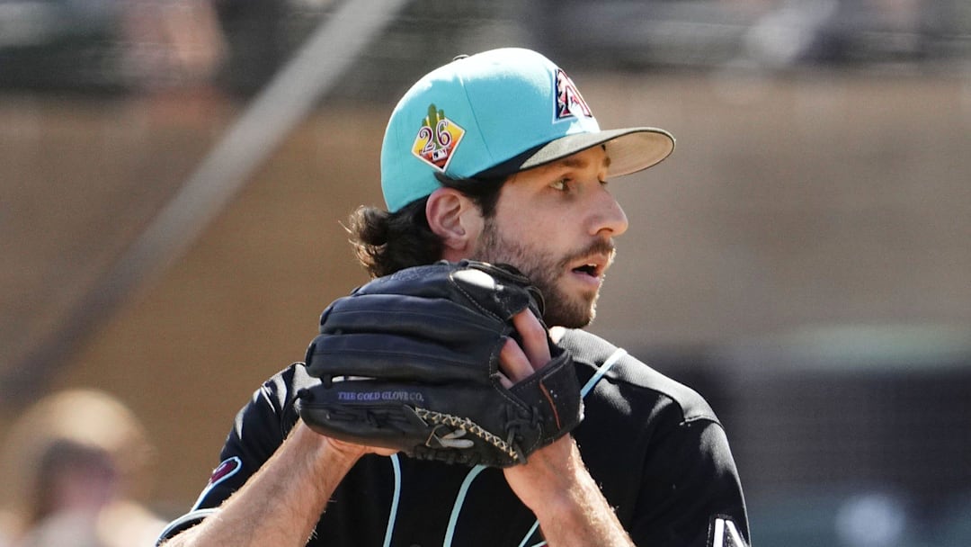 Arizona Diamondbacks pitcher Zac Gallen (23) throws to the Los Angeles Dodgers in the first inning on Feb. 25, 2026, at Salt River Fields in Scottsdale.