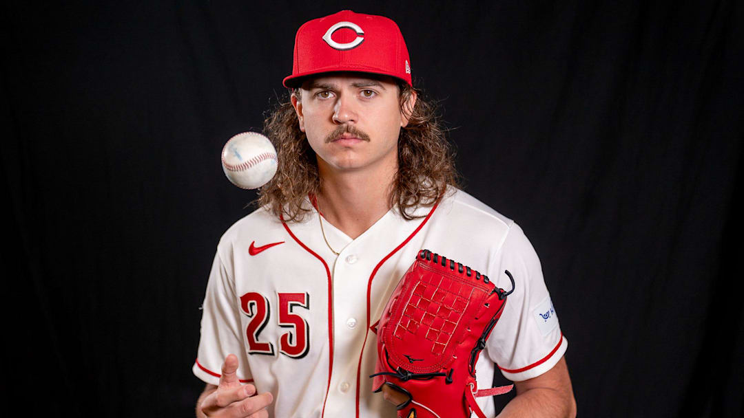 Cincinnati Reds pitcher Rhett Lowder (25) poses for a portrait during the Cincinnati Reds picture day, Tuesday, Feb. 17, 2026, at the Cincinnati Reds player development complex in Goodyear, Ariz.
