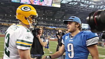 Green Bay Packers#12 Aaron Rodgers greet Detroit Lions quarterback #9 Matthew Stafford during the NFL Thanksgiving day game between the Green Bay Packers-Detroit Lions at Ford Field, Thursday, November 24, 2011. Photo by Rick Wood/RWOOD@JOURNALSENTINEL.COM