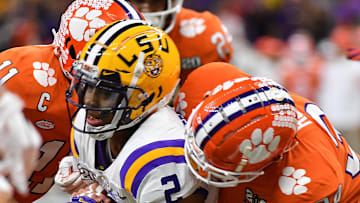 No. 3 Clemson faced No. 1 LSU in the College Football Playoff National Championship, Monday, Jan. 13, 2020, at the Mercedes-Benz Superdome in New Orleans. LSU's Justin Jefferson (2) is taken down by Clemson's Logan Rudolph on a play.

Clemson Lsu Football Cfp National Championship New Orleans