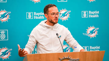 Miami Dolphins head coach Mike McDaniel speaks to the media before training camp at Baptist Health