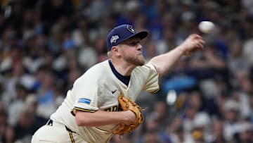 Milwaukee Brewers pitcher Jared Koenig (47) pitches during the seventh inning of the National League Division Series game at American Family Field in Milwaukee, Wisconsin on Oct. 6, 2025.