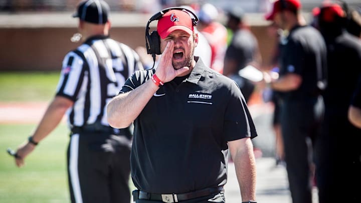 Ball State special teams coach Patrick Dougherty coaches as the Cardinals play Florida Atlantic at