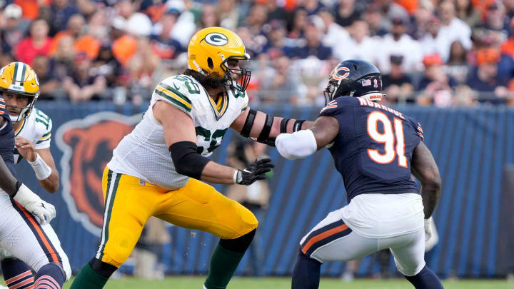 Green Bay Packers offensive tackle David Bakhtiari (69) blocks Chicago Bears defensive end Yannick Ngakoue (91) during second half of their game on Sunday, Sept. 10, 2023 at Soldier Field in Chicago.