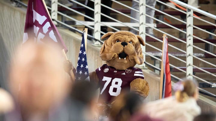 Bully gets the crowd going during the Egg Bowl at Davis Wade Stadium in Starkville, Miss., Thursday, Nov. 23, 2023.