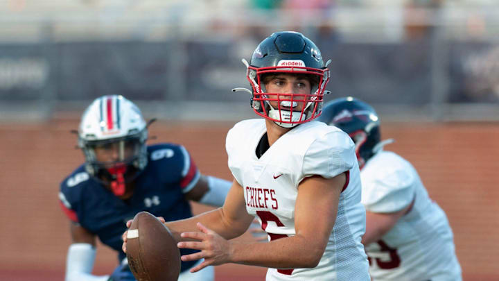 Magnolia Heights quarterback Cole Prosek (6) looks for an opening against Madison Ridgeland Academy during play in Madison, Miss., Friday, Aug. 18, 2023.