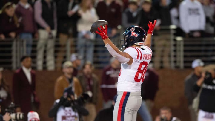 Ole Miss TE Caden Prieskorn (86) celebrates after a touchdown against Mississippi State during the second half of the Egg Bowl at Davis Wade Stadium in Starkville, Miss., Thursday, Nov. 23, 2023.