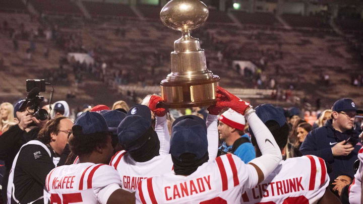 Ole Miss celebrates its Egg Bowl win over Mississippi State at Davis Wade Stadium in Starkville, Miss., Thursday, Nov. 23, 2023. Ole miss won 17-7.