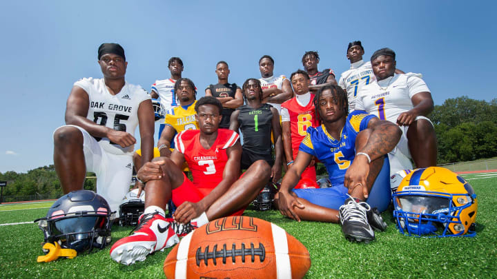 The 2024 Clarion Ledger Dandy Dozen: from left, seated, Choctaw wide receiver Caleb Cunningham; Quitman runningback Akylin Dear; kneeling, Oak Grove defensive lineman Andrew Maddox; Velma Jackson defensive lineman Tyshun Willis; Lake Cormorant linebacker Jarcoby Hopson; Holmes County Central defensive back Cortez Thomas; Hattiesburg defensive lineman Kevin Oatis; standing, Natchez County quarterback KaMario Taylor; George County quarterback Deuce Knight; Laurel offensive lineman Tyler Miller;