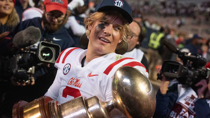 Quarterback Jaxson Dart celebrates Ole Miss' Egg Bowl win over Mississippi State at Davis Wade Stadium in Starkville, Miss., Thursday, Nov. 23, 2023. Quarterback Jaxson Dart celebrates Ole Miss' Egg Bowl win over Mississippi State at Davis Wade Stadium in Starkville, Miss., Thursday, Nov. 23, 2023.