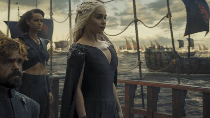 Peter Dinklage (Tyrion Lannister), Nathalie Emmanuel (Missandei), and Emilia Clarke (Daenerys Targaryen) in Game of Thrones season 6 Episode 10
