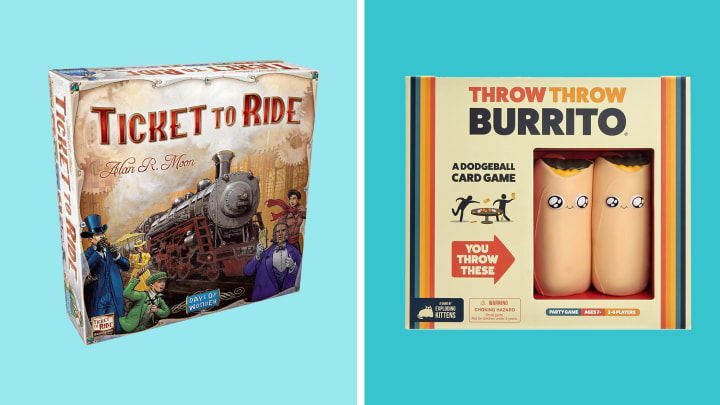 The best Amazon deals on last-minute gifts like Throw Throw Burrito by Exploding Kittens and Ticket to Ride Game are pictured