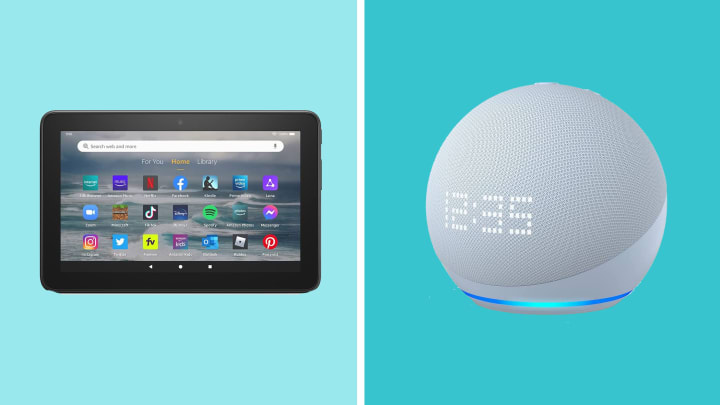 The best Amazon deals on last-minute gifts like the all-new Amazon Echo Dot and Fire 7 tablet on colorful background.