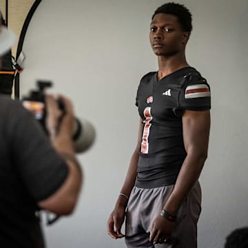 Seminole Ridge Community High School varsity football player Ty Jackson stands for a portrait session during a media day at Delray Beach Golf Club on August 3, 2024, in Delray Beach, Fla.