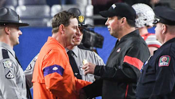 Clemson Head Coach Dabo Swinney and Ohio State Head Coach Ryan Day shake hands after the PlayStation Fiesta Bowl of the College Football Playoffs semi-final game, at State Farm Stadium in Glendale, Arizona Saturday, December 28, 2019.

Clemson Vs Ohio State Fiesta Bowl