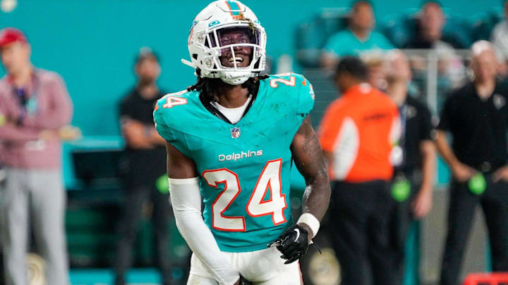 Miami Dolphins cornerback Cam Smith (24) grimaces during the fourth quarter of a preseason game at Hard Rock Stadium on Friday, August 11, 2023, in Miami Gardens, FL. Miami Dolphins cornerback Cam Smith (24) grimaces during the fourth quarter of a preseason game at Hard Rock Stadium on Friday, August 11, 2023, in Miami Gardens, FL.
