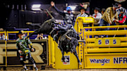 Tristen Hutchings, seen here in a file photo, was the lone bull rider to cover both animals he faced at the 47th annual George Paul Xtreme Bulls event. 